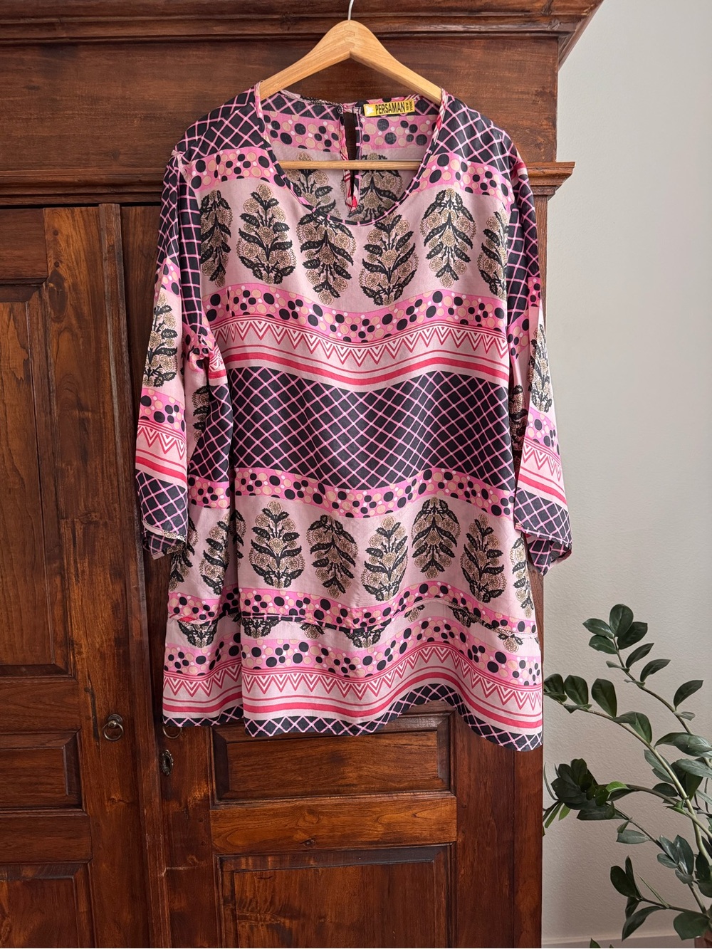 Persaman New York 100% Silk Tunic Top 2X Boho Print Blouse